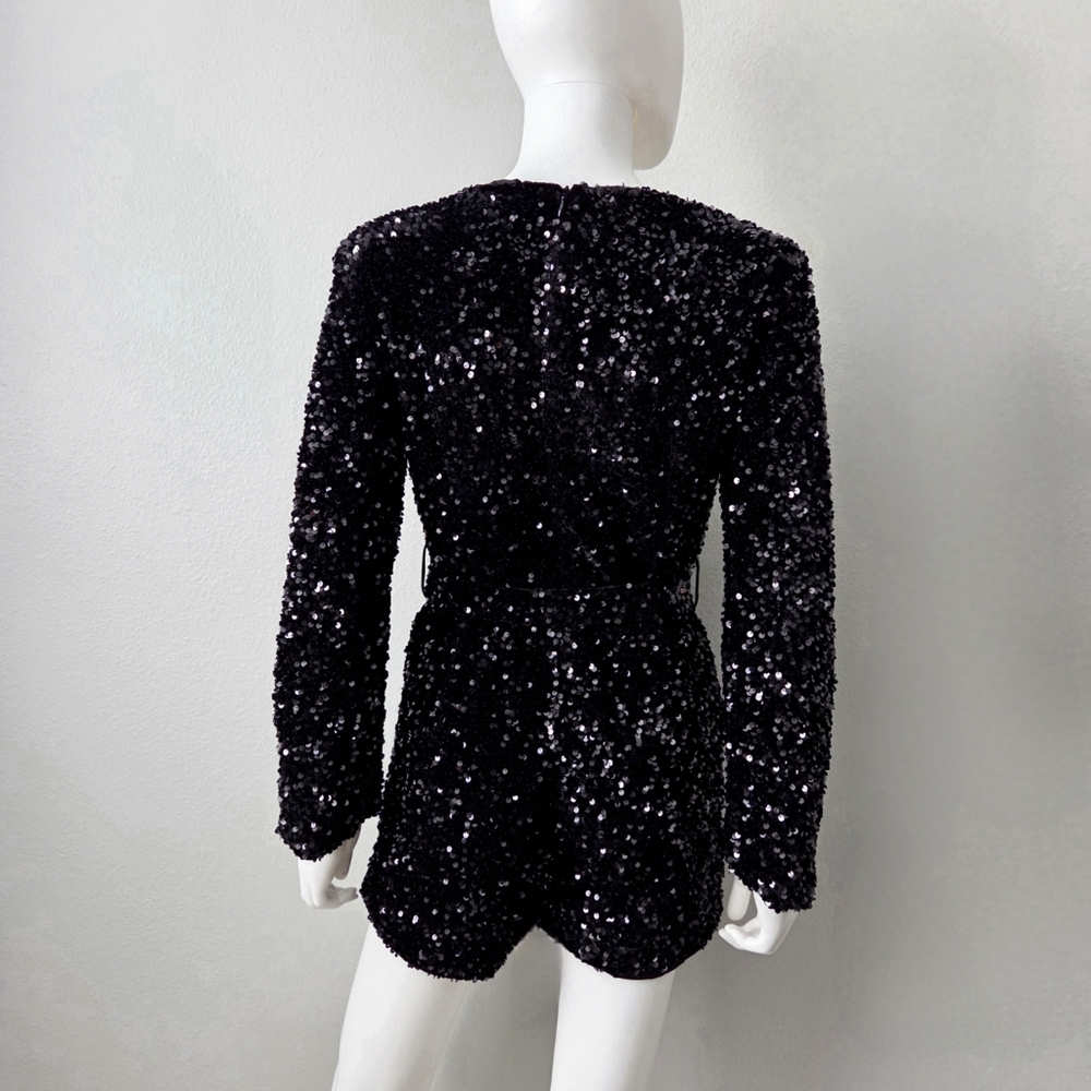 Black Sequin Long Sleeve Romper With V-Neckline & Removable Belt, Size Small - Picture 4 of 16